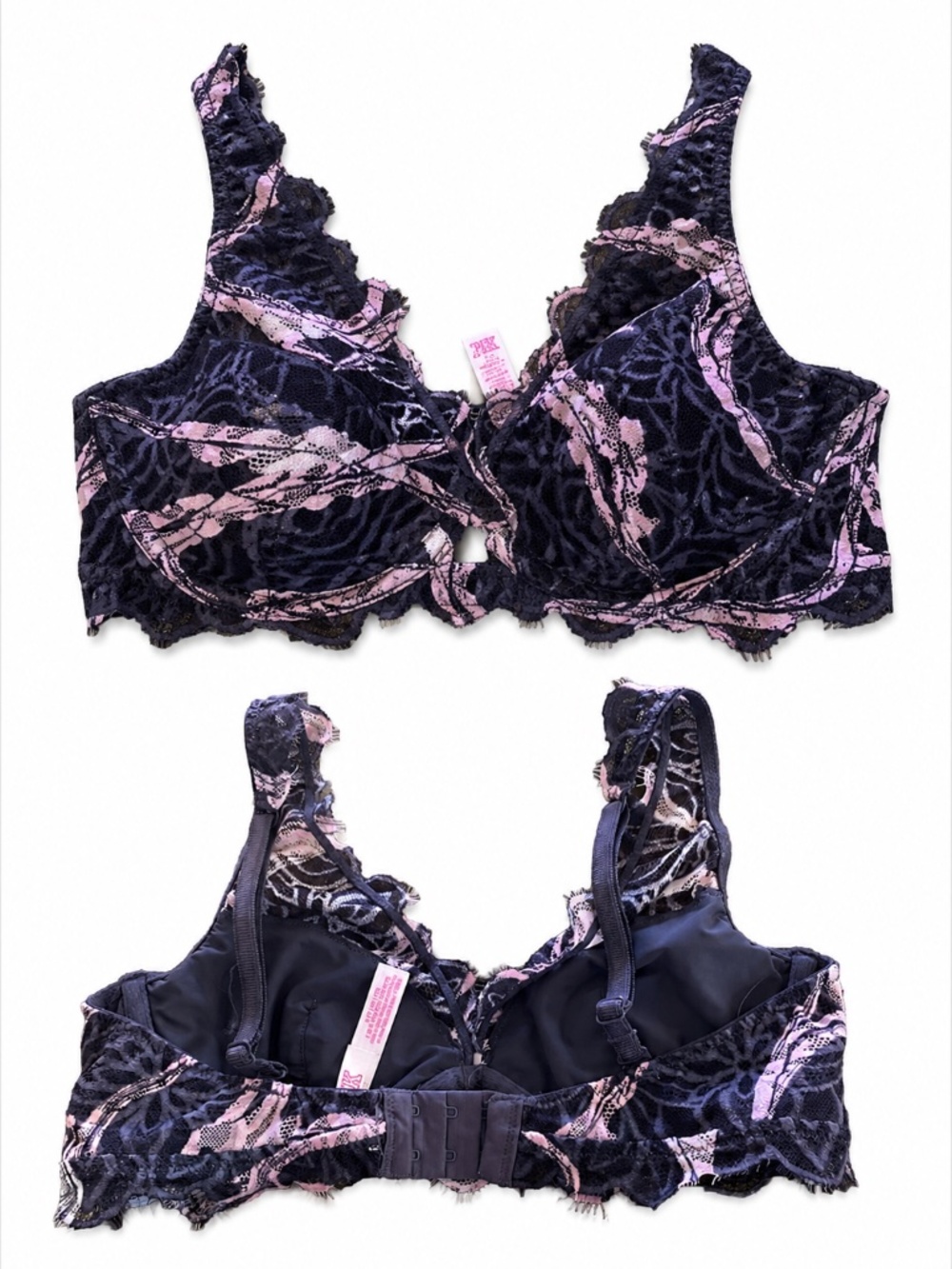 Victoria's Secret PINK Lace Underwire Bra Black Pink Floral Size Small
